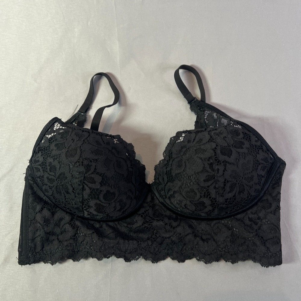 Maidenform Bralette Bra Womens 34B Black Lace Overlay Padded Adjustable Strap